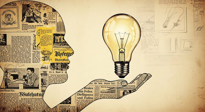 Newspaper Head Silhouette Holding Lightbulb Idea