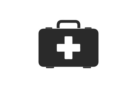 Black first aid kit silhouette medical case with white cross symbol for emergency health care, medicine storage, and safety. Vector icon of a doctor bag or paramedic equipment for treatment.