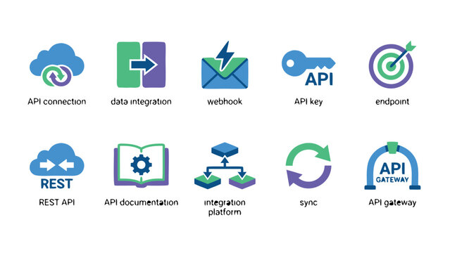 Comprehensive set of ten API and data integration icons showcasing symbols for API connection, cloud integration, webhooks, secure API keys, software endpoints, and development bridge concepts.