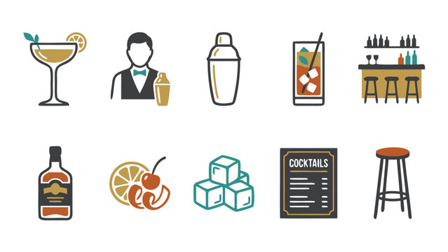Stylish collection of ten cocktail bar icons featuring various drink glasses, professional bartender tools, shakers, mixed beverages, bar counters, and liquor bottles in a modern vector style.