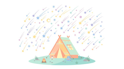Cute hand drawn camping tent under a magical night sky with shooting stars. © Abdul Handi