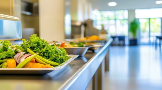 Fresh vegetables and fruits on a table in a bright dining area