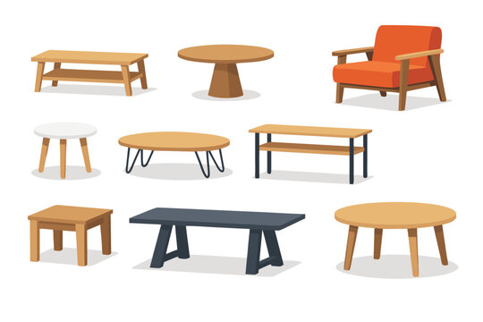 Vector illustration of a flat design furniture set including various wooden coffee tables, side tables, console tables, and a stylish orange armchair for home interior decor and layout.