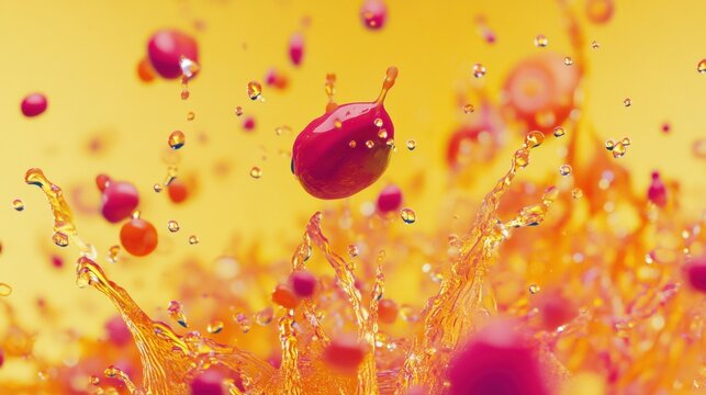 Fruit splashes in liquid on bright background during summer
