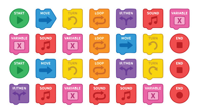 Colorful educational vector icon set of coding blocks for children in flat style including logic loops commands and variables for STEM learning applications and programming workshops.
