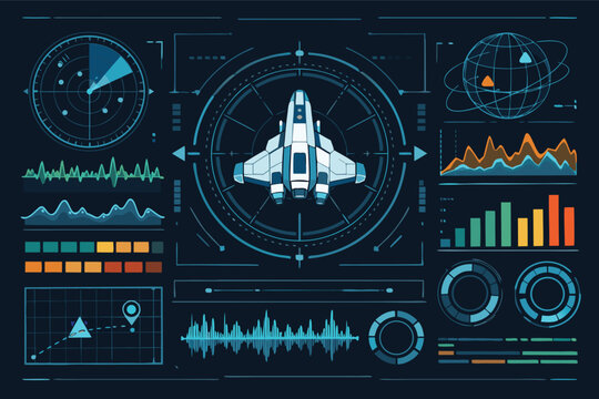 Futuristic tactical overview interface with spaceship HUD, radar scan, data visualizations, graphs, charts, and digital telemetry for sci-fi gaming, space exploration, and high-tech UI design.