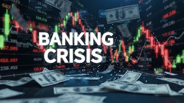 Banking Crisis and Financial Market Crash with Falling Dollar Bills and Stock Charts
