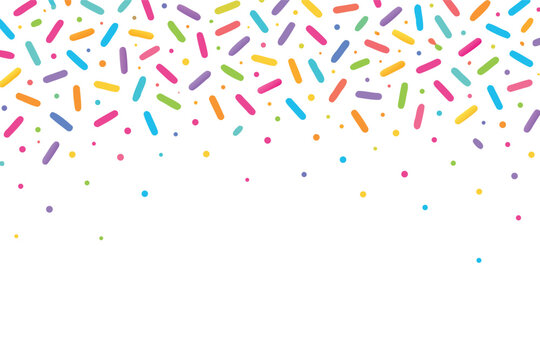 Colorful Sprinkles Banner Background with Vibrant Falling Decorative Jimmies and Confetti Dots on White, Simple Flat Vector Illustration for Dessert Topping, Party, and Celebration Themes.