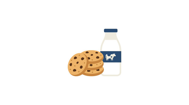Illustration of a stack of chocolate chip cookies and a glass bottle of milk.