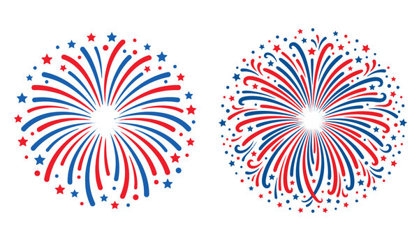 Two patriotic fireworks displays red white and blue starbursts vector illustration