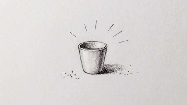 Black-and-white drawing plain light-colored paper background small cylindrical cup smooth textured surface dra