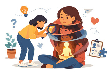 Fototapeta premium Inner World Psychology Concept with Woman Exploring Friend's Personality and Identity Layers to Find Glowing Soul and Mental Health Balance through Self Discovery Vector Illustration
