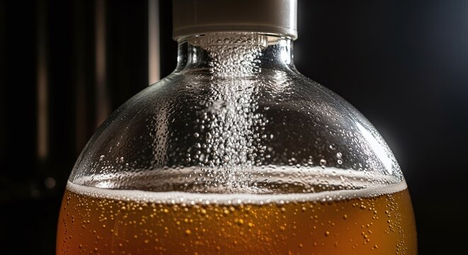 Bubbles rising in a clear glass bottle filled with golden liquid, suggesting fermentation or carbonation.