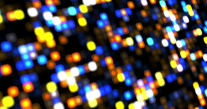 Beautiful bokeh effect technology abstract background animation with blinking blue and yellow lights and black background