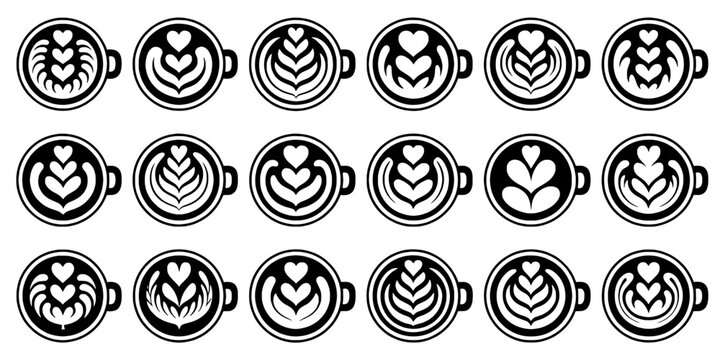 Coffee latte art set with heart and leaf designs in black and white featuring beverage, drink, illustration with vector and pattern elements for