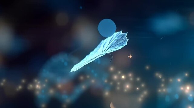 Glowing blue leaf in water drops.