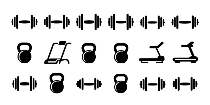 Dumbbell barbell and kettlebell icons set with weight lifting symbols on clean vector background featuring weightlifting, gym equipment, strength