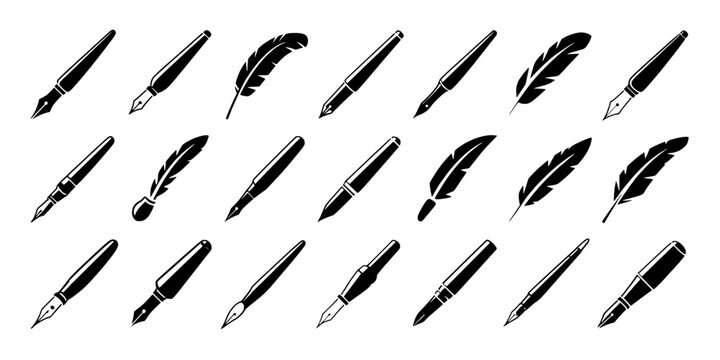 Feather quill icons set with black ink strokes and varied nib shapes for writing, calligraphy, and vintage design elements
