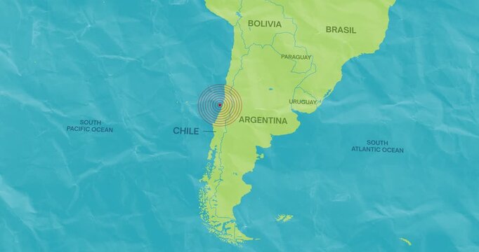 graphic motion video of an earth waves concentric lines into a Chilean map of an earthquake epicenter composition concept