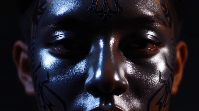 Closeup Of Metallic Decorated Face Emphasizing Mystical Ritualistic Themes And Cinematic Style