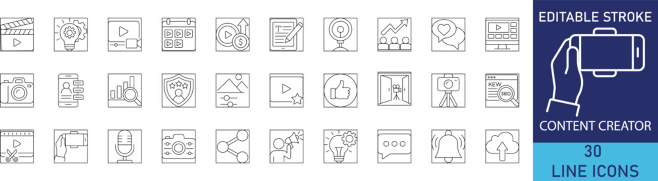 Content creator and digital media production line icon set. Vector symbols for video blogging, podcasting, copywriting, social storytelling, and online streaming.