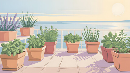 Fototapeta premium Herb garden on balcony overlooking ocean, sunny day, variety of potted plants.
