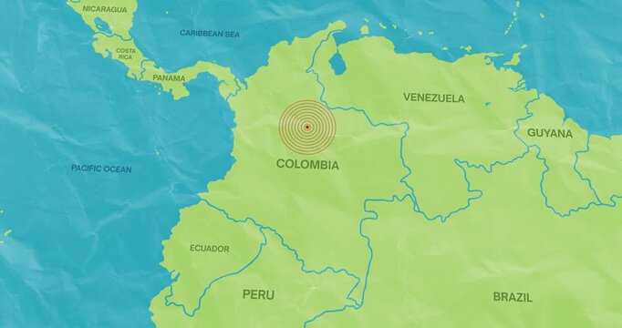 graphic motion video of an earth waves concentric lines into a Colombian map of an earthquake epicenter composition concept