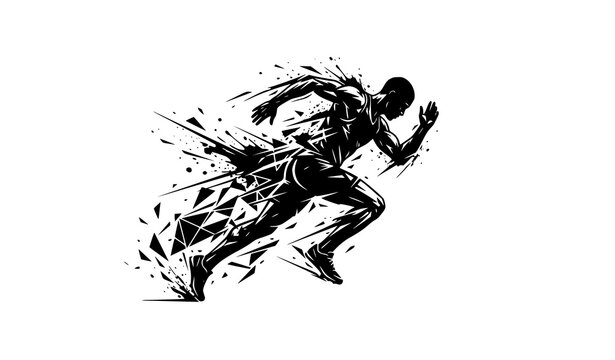 Black and white running man sport poster vector with abstract splash elements