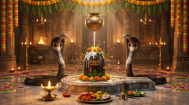 Two cobras pouring milk over a Shiva Lingam during a sacred ritual for Nag Panchami, symbolizing divine blessings and protection with offerings and decorative happy nag