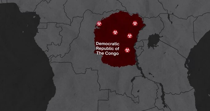 A motion graphic animation of the democratic republic of the congo with the ebola disease outbreak and a biohazard logos into a dark grey politic map
