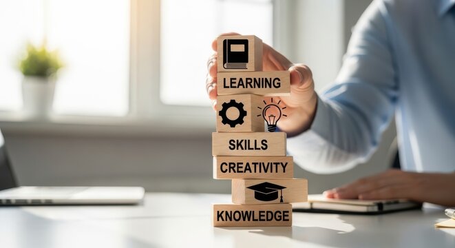 Person building blocks with learning skills and knowledge on a desk in an office
