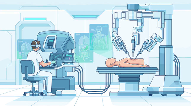 A surgeon performs remote surgery using a robotic system in a futuristic hospital. Illustrates healthcare innovation, precision, and technology.