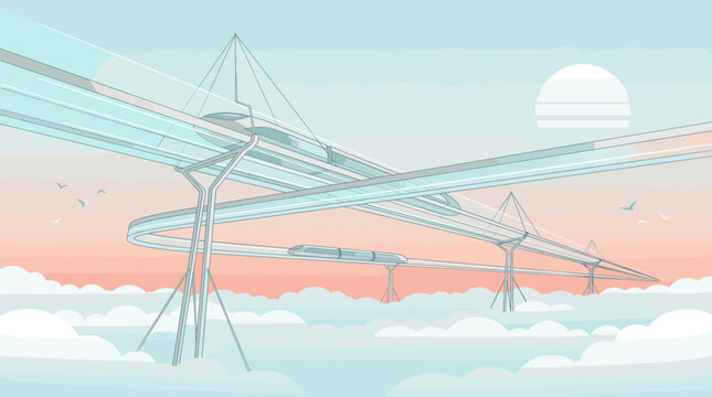 Modern high-speed transportation of the future, a monorail system above soft clouds at sunset. Ideal for technology, travel, and innovation concepts.