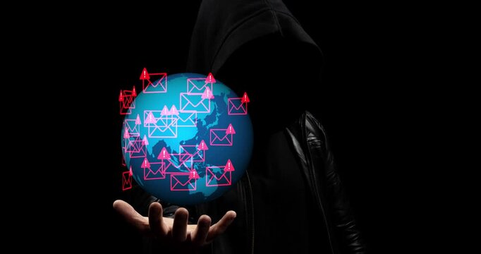 Motion graphics of a hooded hacker in the shadows hand holding a spinning earth globe with a spam virus email symbol