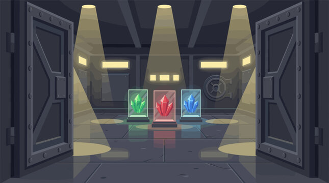Vector illustration of a secret vault or secure room with open armored doors, spotlights illuminating three precious glowing crystals (green, red, blue). Ideal for games, fantasy, security concepts.