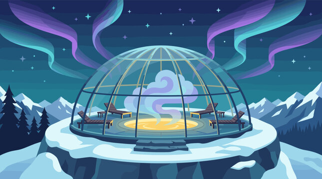 Modern glass igloo with fire pit and lounge chairs under vibrant aurora borealis and starry night. Cozy, luxurious winter travel destination vector illustration.