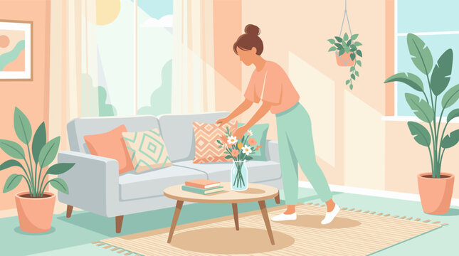 A woman tidies her cozy pastel living room, arranging cushions on a sofa. Features home decor, plants, and natural light, depicting a peaceful domestic scene.