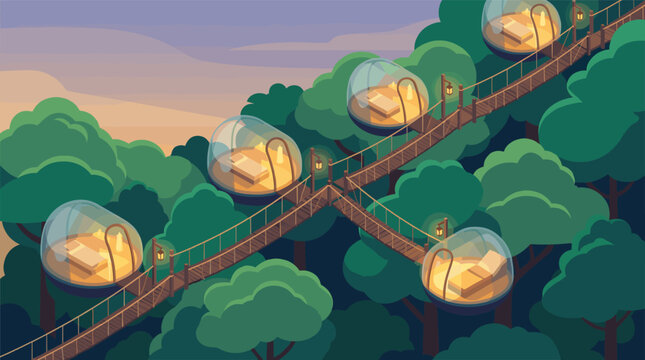 Isometric vector of unique luxury glamping treehouse pods with beds, connected by suspension bridges among green trees at twilight. Perfect for travel, nature, and adventure designs.