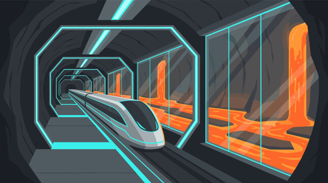 A high-speed maglev train travels through a futuristic underground tunnel, illuminated by neon lights, with molten lava visible through large windows. Perfect for sci-fi, tech, and adventure concepts.