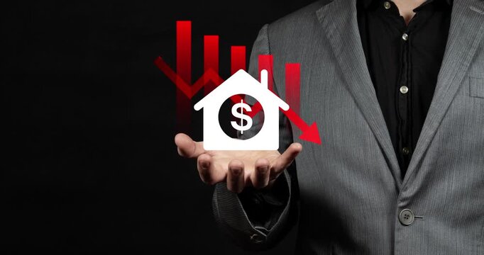 Motion graphics of a modern businessman on suit holding on his hand a real estate house losses with a graph and an arrow