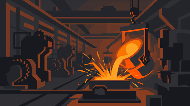 Dynamic vector art of molten metal pouring in a dark industrial foundry, creating bright sparks. Ideal for manufacturing, heavy industry, production, and energy designs.