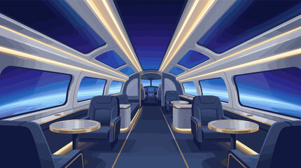 Obraz premium Clean vector art of a spacious, luxurious train interior. Modern design, blue tones, large windows, golden details convey comfortable, advanced future travel.