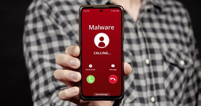 Motion graphics of a male hand holding a smartphone with a malware incoming call red interface warning