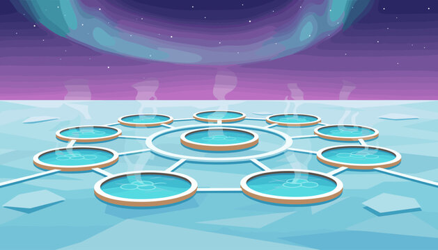 A futuristic Arctic outpost on an icy planet under a vibrant, starry aurora sky. This serene vector illustration suggests advanced technology and a serene, alien environment. 