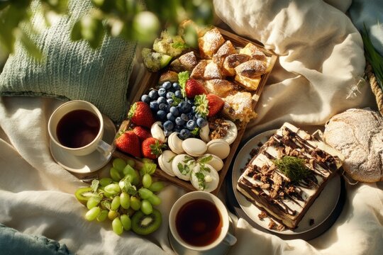 Picnic with assorted fruit, pastry, cake and tea on blanket. Outdoor meal with blueberry, strawberry, grape, kiwi and macaron. Romantic date or breakfast concept in sunlight setting.