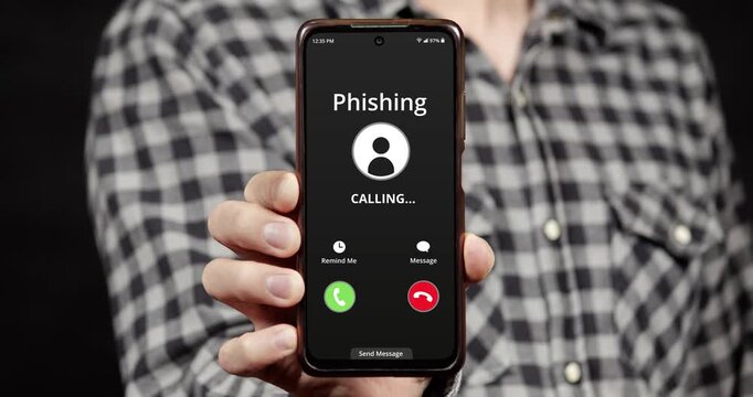 Motion graphics of a male hand holding a smartphone with a phishing incoming call interface and a black background