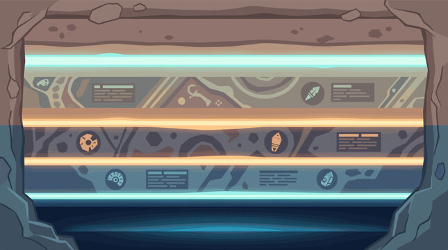 Detailed vector illustration depicting mysterious underground cave layers. Features glowing strata, abstract icons, and text boxes. Ideal for games, science, geology, and infographic design.