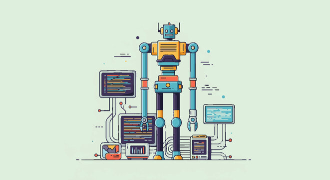 AI robot with programming screens. Conceptual image of artificial intelligence, software development, machine learning, and future technology.