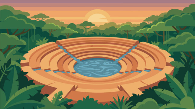 Vector illustration of an ancient stepwell in a vibrant tropical jungle at sunset. Ideal for travel, nature, game design, and historical content.