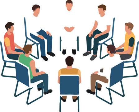 Invisible men sitting in circle on chairs around empty space, concept of absence or anonymity.